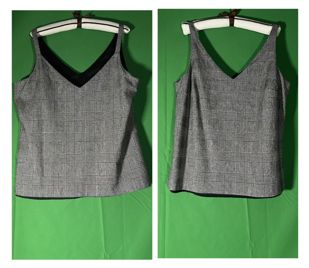 Banana Republic black and gray plaid wool-blend V-neck tank top.